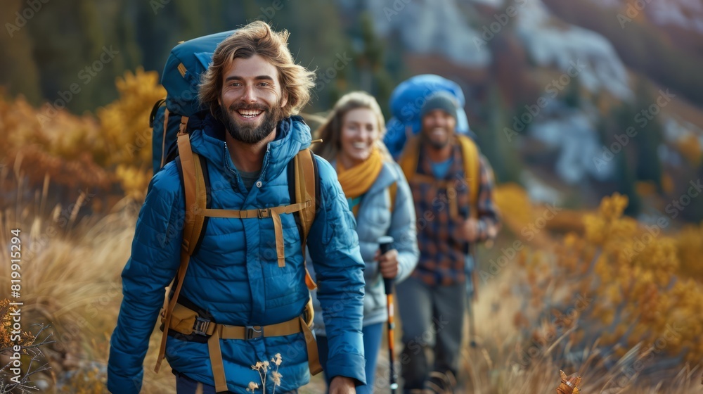 A group of friends hiking a scenic trail, showcasing the adventure and camaraderie of outdoor activities. A group of friends hiking a scenic trail, showcasing the adventure and camaraderie of outdoor activities.