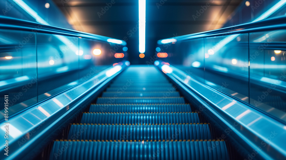 A long, narrow, blue escalator with a reflective surface A long, narrow, blue escalator with a reflective surface