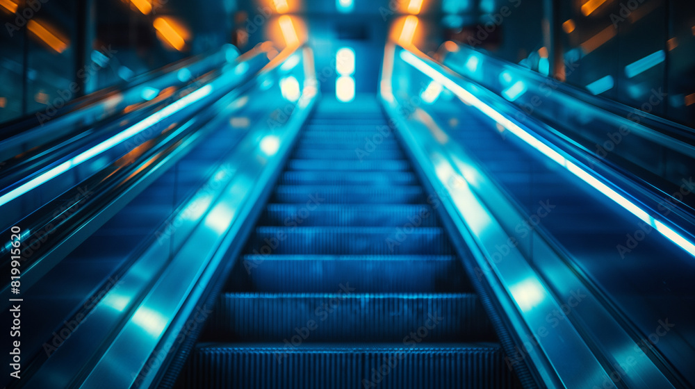 A long, narrow, blue escalator with a reflective surface