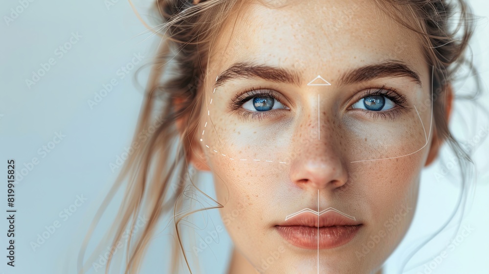 A womans face with lines drawn on it, highlighting potential areas for cosmetic enhancement. Generative AI A womans face with lines drawn on it, highlighting potential areas for cosmetic enhancement. Generative AI