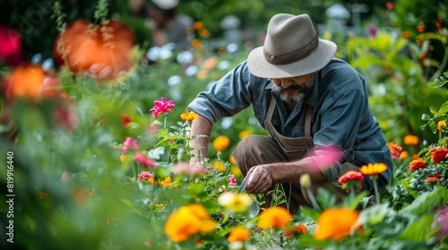 A gardener tending to vibrant flowers in a lush garden, illustrating the tranquility and satisfaction of gardening. © chaisiri