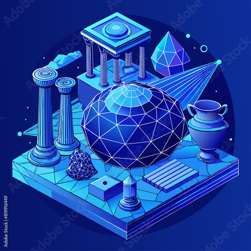 Archaeology technology and digital reconstruction concept. Low poly wireframe vector illustration on technological blue background.1
