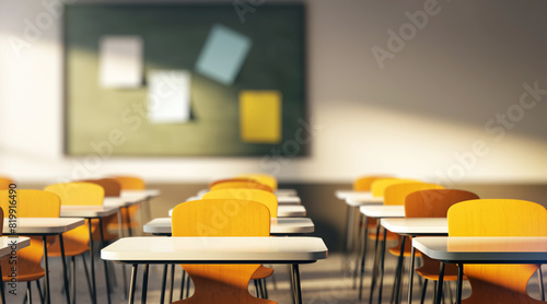 Valokuva Classroom with rows of desks and chairs, a chalkboard in the background, warm light, concept of education