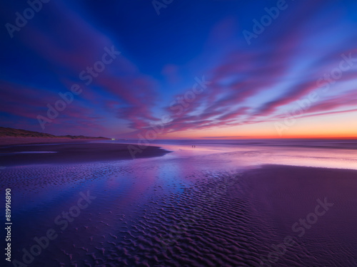 Seascape during sunrise. Long exposure. Bright clouds on the sky. Lines of sand on the seashore. Bright sky during sunset. A sandy beach at low tide. Wallpaper and background. © biletskiyevgeniy.com