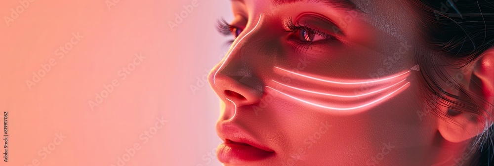 Close-up of a womans face with graphic contouring lines highlighting potential cosmetic enhancement areas. Generative AI Close-up of a womans face with graphic contouring lines highlighting potential cosmetic enhancement areas. Generative AI