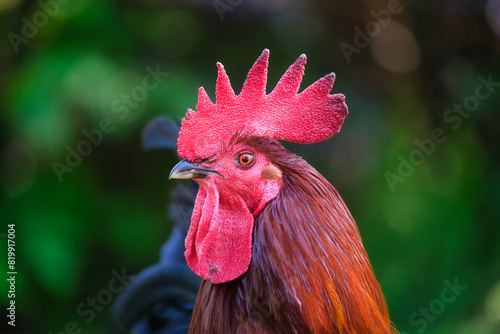Portrait of a rooster. Brightly colored crest on the head of a rooster. Blurred background. Animal world. Photo for wallpaper, background, postcards, design. © biletskiyevgeniy.com