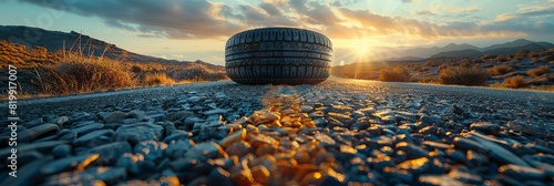 A single tire discarded on the side of a rural road photo
