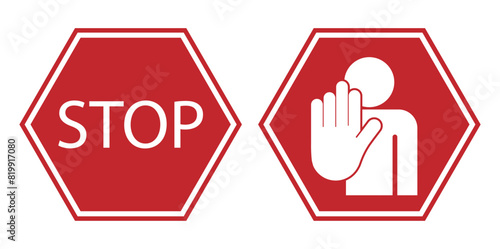 Bundle set hexagon do not enter, prohibition with stop palm hand gesture in red isolated sign