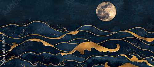 luxury oriental black dark navy blue wave and moon golden line abstact texture banner background