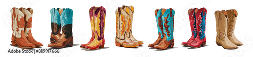 Big collection of different cowgirl boots. Traditional western cowboy boots set decorated with embroidered wild west ornament. Watercolor vector art illustrations on transparent background.
