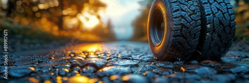 Detailed view of a tire rolling on the asphalt road surface