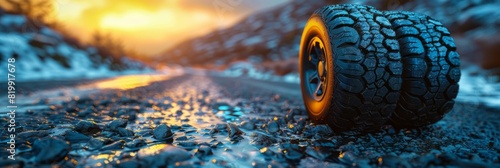 Detailed view of a tire lying next to a road, close up shot capturing texture and details photo