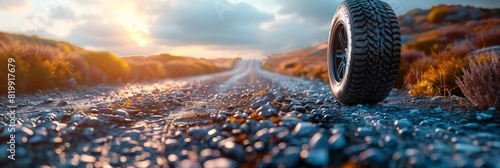 A tire lies abandoned on the side of a dusty dirt road photo