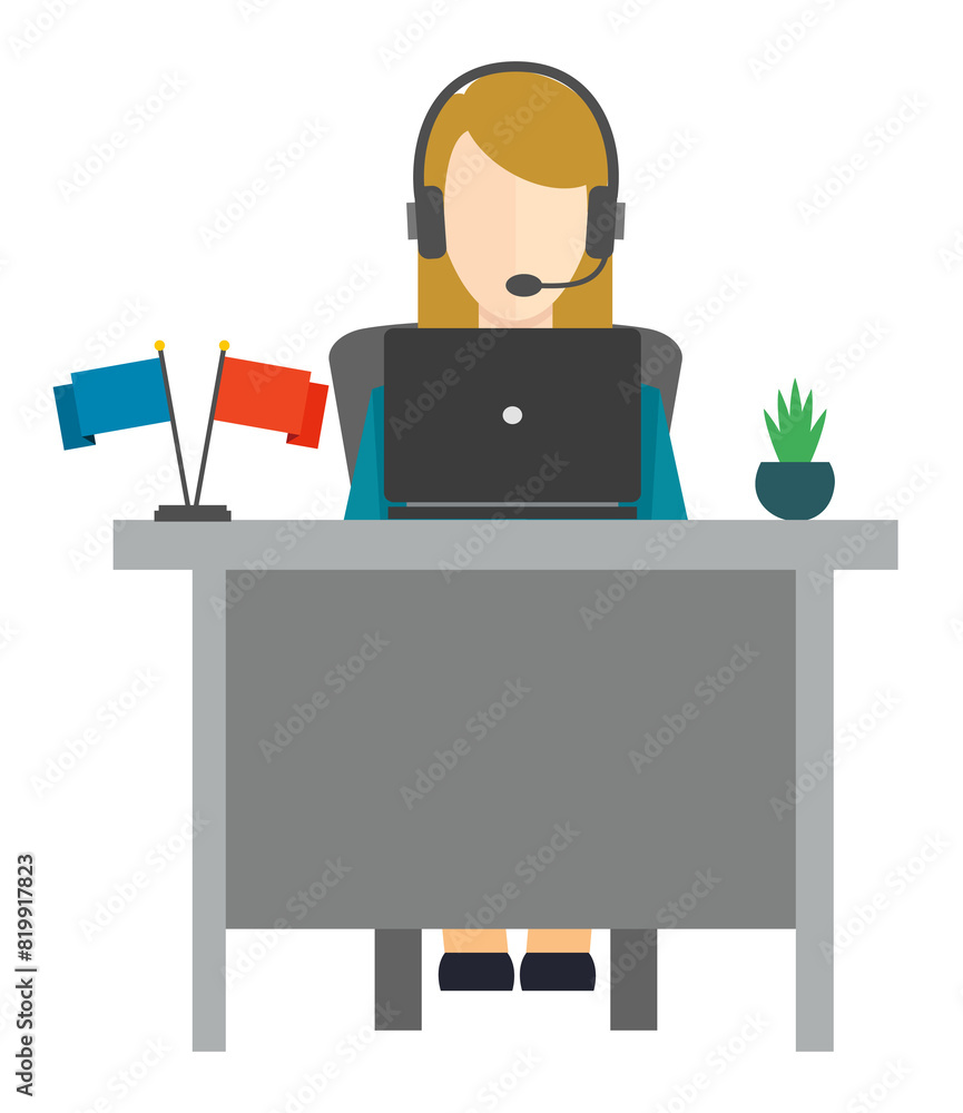 donna alla scrivania con computer cuffie call center segretaria, bandiere e pianta su fondo trasparente isolato ufficio donna alla scrivania con computer cuffie call center segretaria, bandiere e pianta su fondo trasparente isolato ufficio