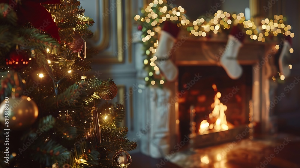 A cozy fireplace nestled beside a beautifully decorated Christmas tree, casting a warm glow