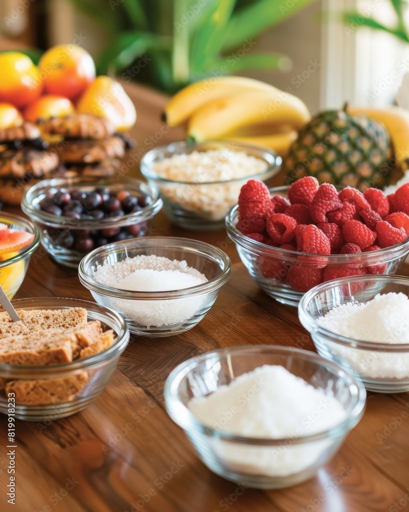 Assorted Sugar Substitutes and Healthy Snacks Displayed on a Warmly Lit Wooden Table, Featuring Stevia, Erythritol, Xylitol, Fresh Fruits, and Baked Goods Assorted Sugar Substitutes and Healthy Snacks Displayed on a Warmly Lit Wooden Table, Featuring Stevia, Erythritol, Xylitol, Fresh Fruits, and Baked Goods