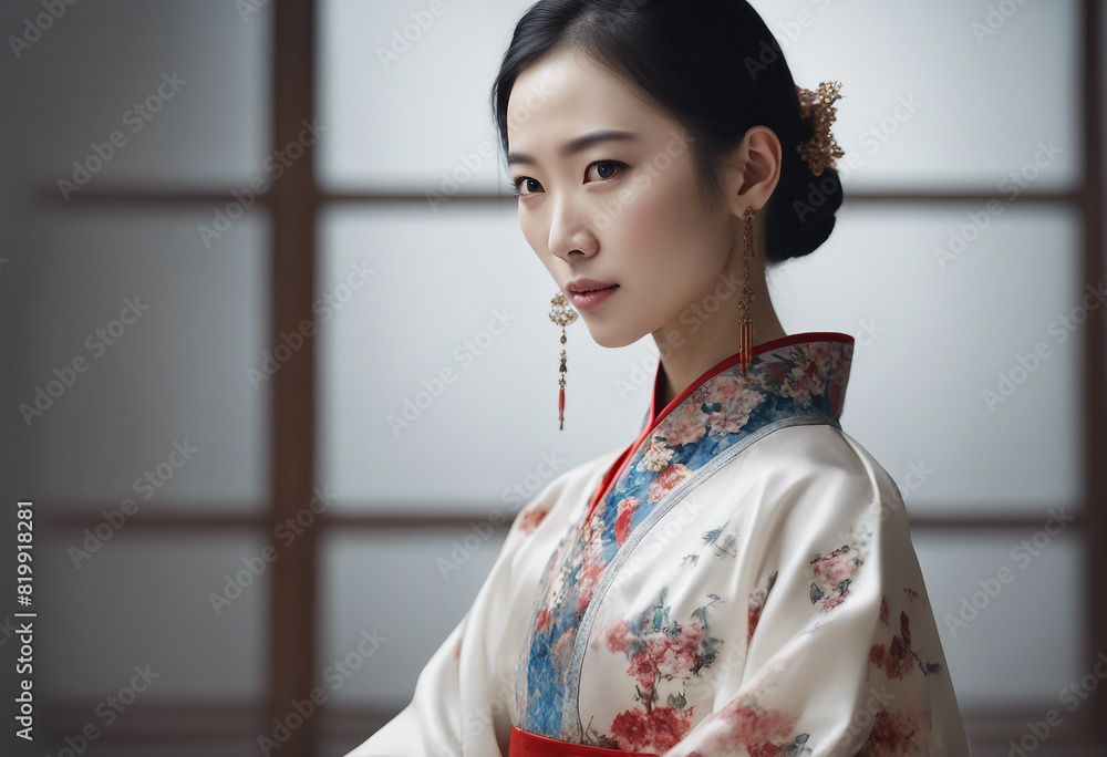 portrait of a Chinese woman with a beautiful in traditional clothes, isolated white background
