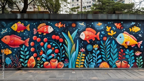 A vibrant mural painted on one wall, depicting a whimsical underwater world inhabited by friendly sea creatures