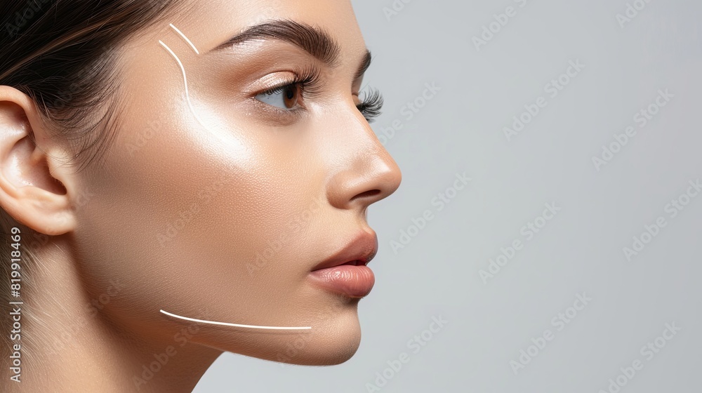 A womans face with graphic contouring lines highlighting potential cosmetic enhancement areas. Generative AI A womans face with graphic contouring lines highlighting potential cosmetic enhancement areas. Generative AI