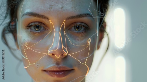 A woman with graphic contouring lines on her face, highlighting potential cosmetic enhancement areas. Generative AI