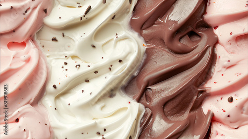 top view of neapolitan ice cream surface, a closeup of the neapolitan ice cream texture, highlighting its layers of chocolate, vanilla, and strawberry ice creams