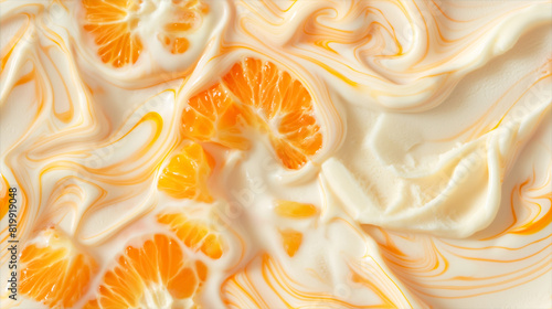 top view of orange creamsicle ice cream surface, a closeup of the orange creamsicle ice cream texture, featuring its creamy base with a bright orange color and swirls of vanilla
