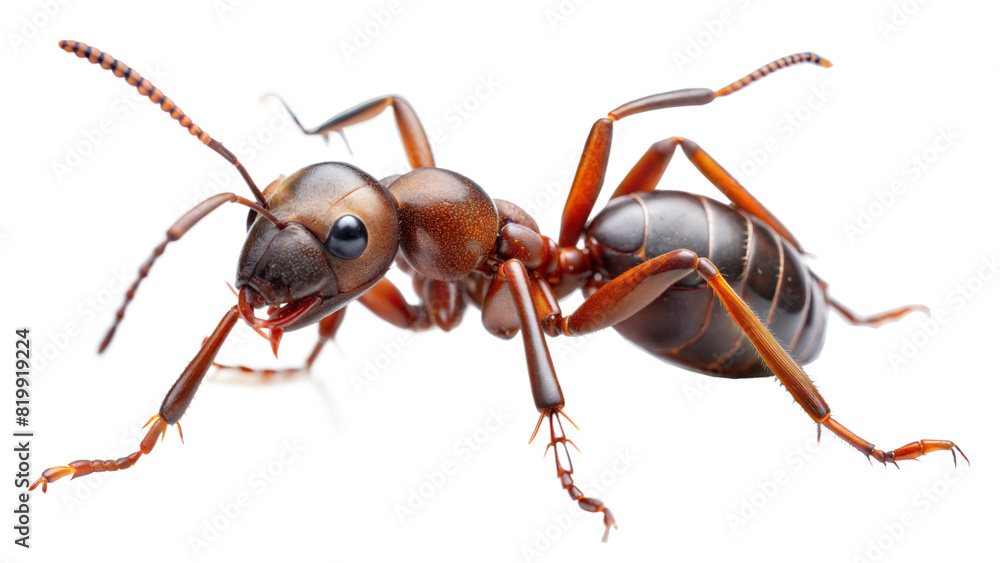 Ant: A close-up image of an ant, highlighting its segmented body, antennae, and six legs, often used to represent industriousness and teamwork, isolated on white background Ant: A close-up image of an ant, highlighting its segmented body, antennae, and six legs, often used to represent industriousness and teamwork, isolated on white background