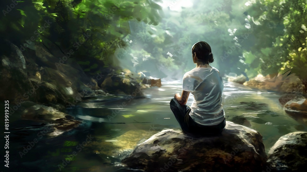 Fototapeta premium Tranquility by the Stream, Nature’s Solitude, A Moment of Peace