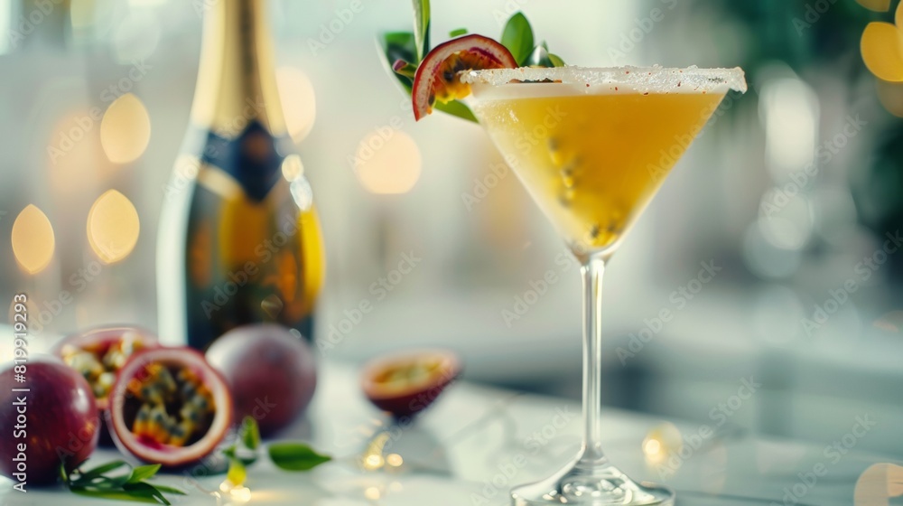 Elegant Star Martini Cocktail On White Marble Countertop, Accented With Fresh Passion Fruits And Prosecco, Bright Daylight Setting Ideal For Advertising