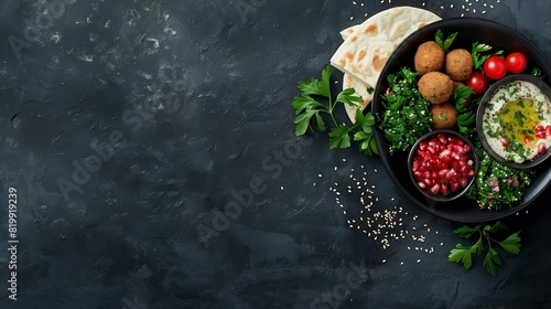 Table served with middle eastern traditional dishes Bowl with falafel doner kebap vegetarian pita hummus tabbouleh bulgur salad chickpea olive oil dip pomegranate Top view Dinner party : Generative AI photo