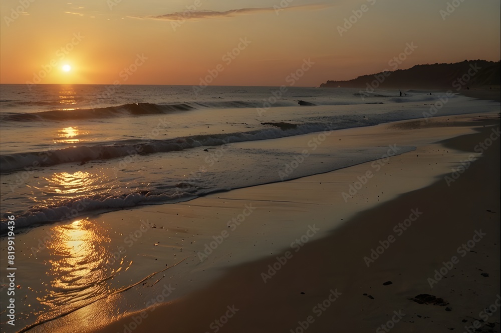 California's Pacific Ocean sunset. Dramatic scenery photographs of the British coast taken at sunset over a calm seascape in a tropical paradise. Sunset over the Pacific Ocean on the Malibu Coast 