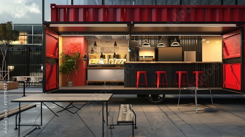 Food truck container cafe mobile mock up design loft style architecture identity concept : Generative AI photo
