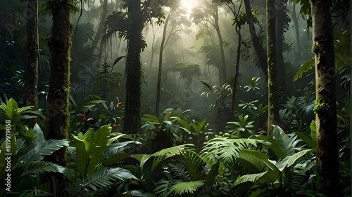 lush, green forest with background sunlight piercing it A sun-dappled trail through the forest, lined with bright green ferns and rocks coated with moss, beckons you to venture further into the woodla photo