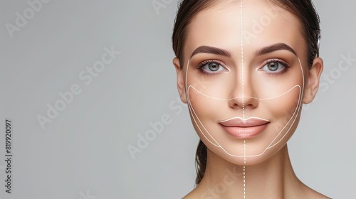 Close-up of a womans face with lines drawn across, highlighting potential areas for cosmetic enhancements. Generative AI