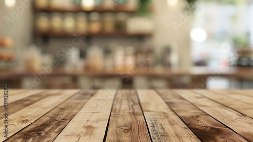 Wooden board empty table in front of blurred background Perspective brown wood over blur in coffee shop can be used for display or montage your productsMock up your productsVintage fi : Generative AI