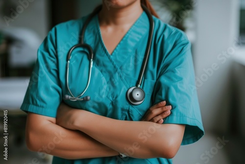 A woman wearing a blue scrub suit and stethoscope. Suitable for medical and healthcare concepts