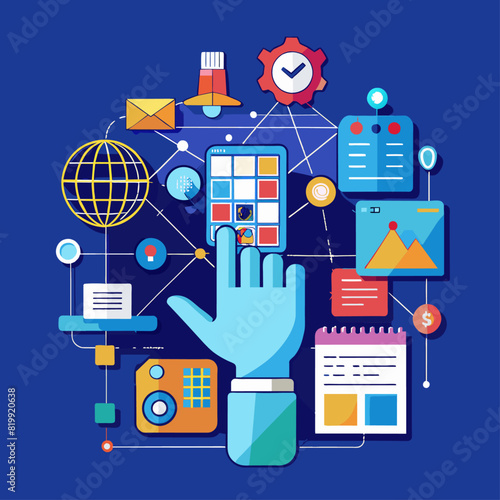 Abstract event planner hand organizing a digital itinerary. Event technology and planning concept. Low poly wireframe vector illustration on technological blue background.