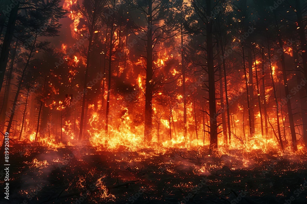 A wildfire blazing through a forest, illustrating fire focus on, destruction, dynamic, Multilayer, woodland backdrop, closeup A wildfire blazing through a forest, illustrating fire focus on, destruction, dynamic, Multilayer, woodland backdrop, closeup