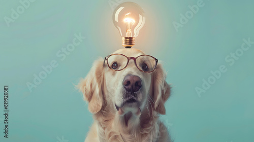 A golden retriever dog wearing glass with light bulb on its head in pastel background