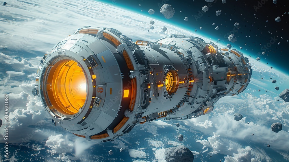 Black spaceship with red accents floating in space beside the moon, isolated against a white background with metallic equipment Black spaceship with red accents floating in space beside the moon, isolated against a white background with metallic equipment