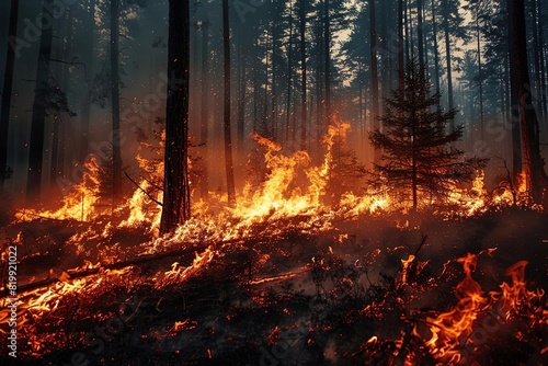 A wildfire blazing through a forest, illustrating fire focus on, destruction, dynamic, Multilayer, woodland backdrop, closeup