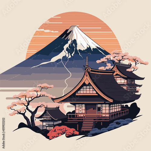 Japanese House with Mount Fuji Background Vector File. Unique and cool design. Generated AI Results - Artificial Intelligence
