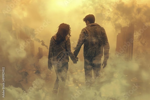 Couple holding hands walking amidst smoky, foggy urban ruins with a sunset sky background.