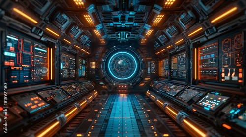 Sci-fi technology background image, Control room with an array of digital screens and consoles Illustration image, photo