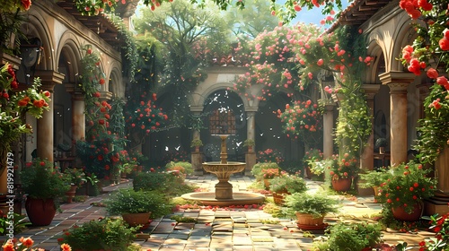 A peaceful garden courtyard within the walls of an ancient monastery, with flowers blooming and birds chirping photo