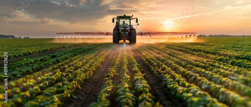 A tractor spraying pesticides on a soybean field at sunset