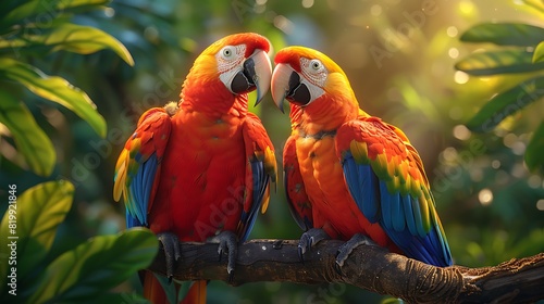 Colorful macaw parrots couple on a tree branch in a tropical jungle background. © Anditya