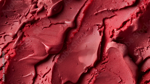 top view of red velvet ice cream surface, a closeup of the red velvet ice cream texture, displaying its vibrant red color and creamy base with hints of chocolate and cream cheese