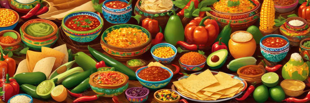 Traditional Mexican background with iconic culinary dishes. Traditional Mexican background with iconic culinary dishes.
