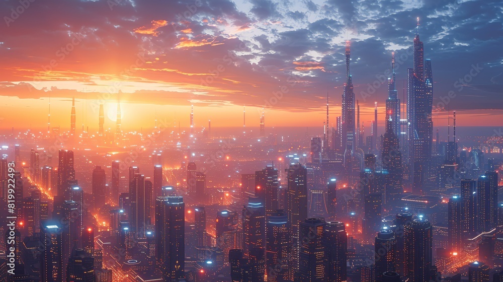 Fototapeta premium Sci-fi technology background image, High-tech urban landscape with interconnected buildings Illustration image,